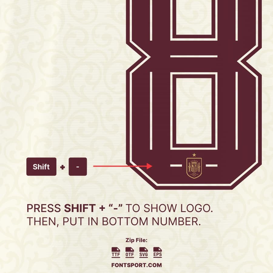 Spain 2026 font kit logo positioning guide showing crest placement on numbers using special character input