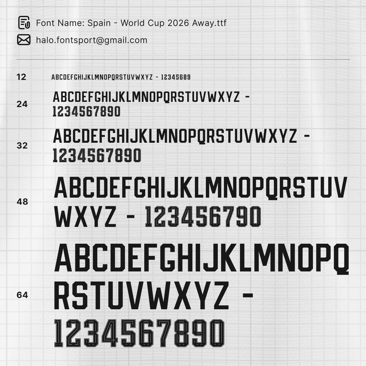 Spain World Cup 2026 away font kit typography preview sheet showing different sizes and weights for jersey design