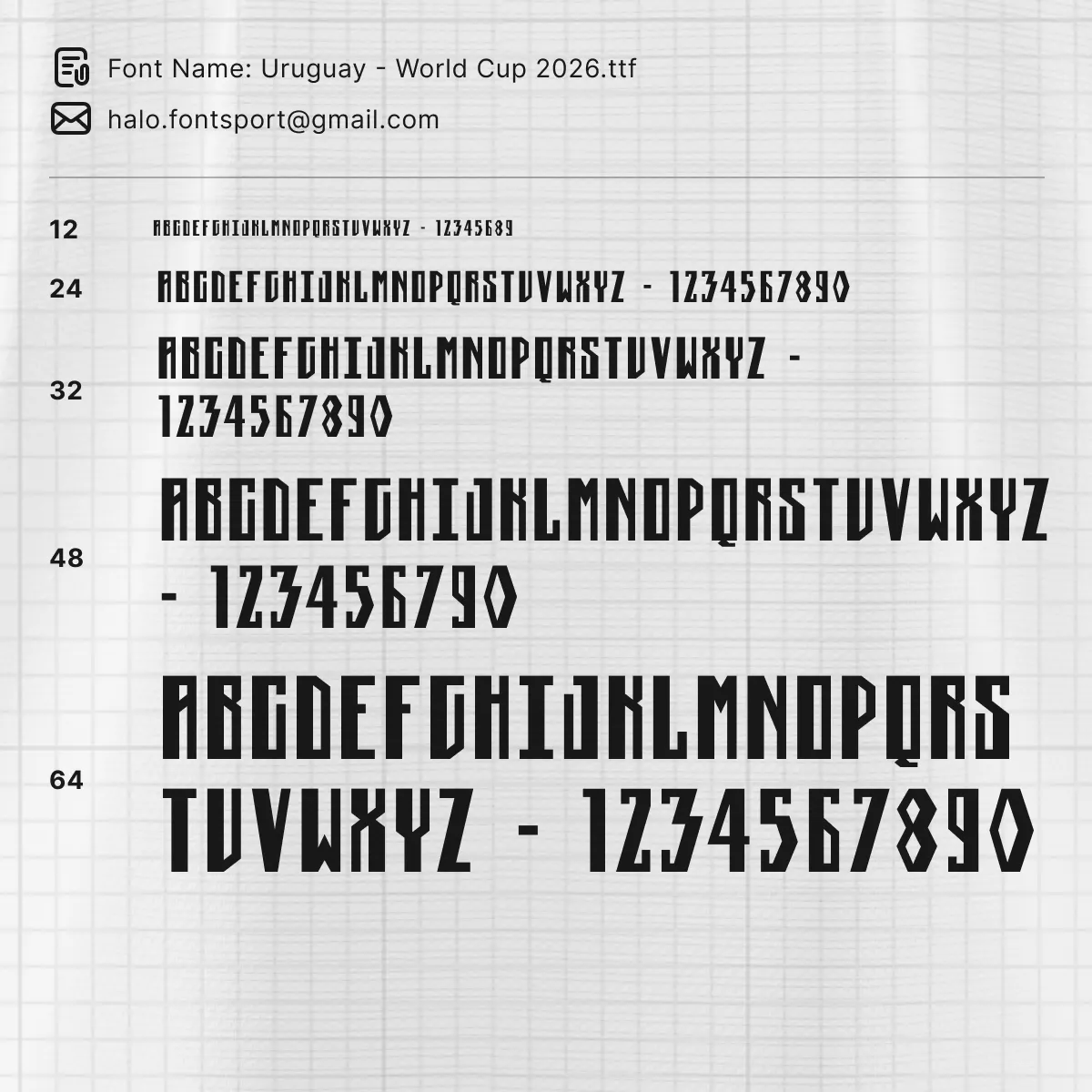 Uruguay World Cup 2026 font – typeface size scale from 12pt to 64pt showing full character set