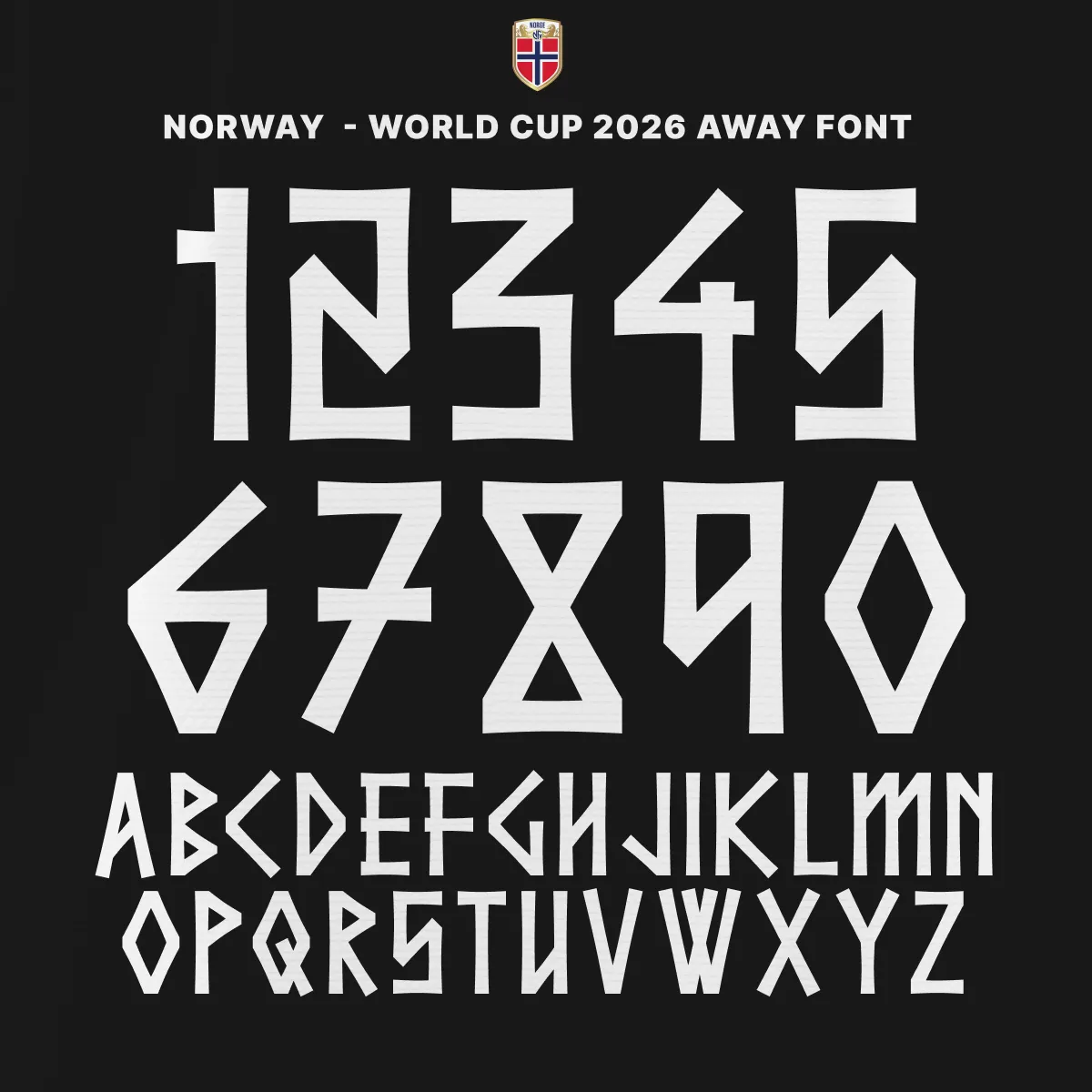 Norway World Cup 2026 away font kit – full alphabet and number set preview on black background