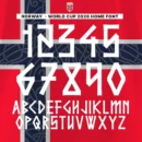Norway World Cup 2026 font kit home – full alphabet and number set preview on Norwegian flag background
