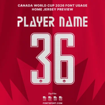 Canada 2026 World Cup font kit – home jersey preview with player name and large number 36