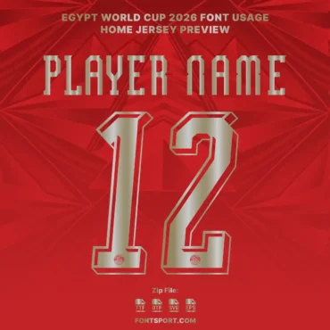 Egypt 2026 World Cup font kit – player name and number 12 preview in gold on red background