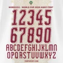 Morocco World Cup 2026 away font kit – full alphabet and number set in burgundy with patterned shirt background
