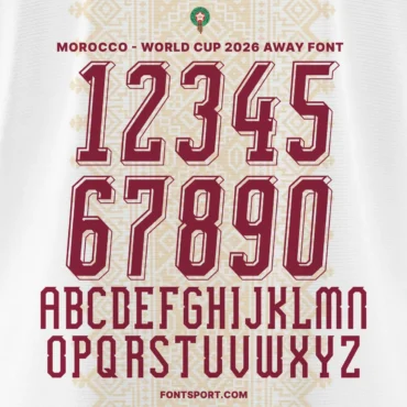 Morocco World Cup 2026 away font kit – full alphabet and number set in burgundy with patterned shirt background
