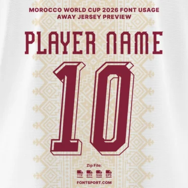 Morocco World Cup 2026 away font kit – player name and number jersey preview on white away shirt design