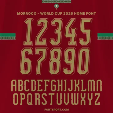 Morocco 2026 home font kit – full alphabet and number set preview in gold on red