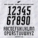 New Zealand 2026 World Cup away font kit – full alphabet and 3D number set preview with black fern detail
