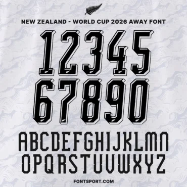 New Zealand 2026 World Cup away font kit – full alphabet and 3D number set preview with black fern detail