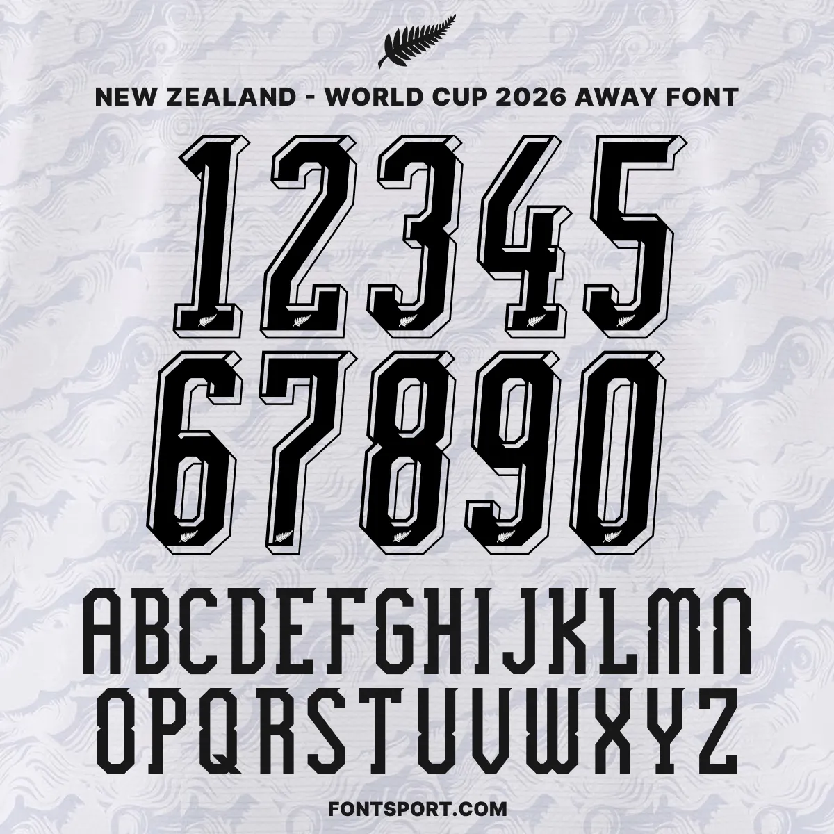New Zealand 2026 World Cup away font kit – full alphabet and 3D number set preview with black fern detail