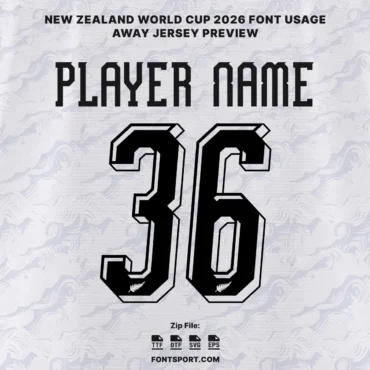 New Zealand 2026 World Cup away font kit – player name and number mockup showing away jersey lettering