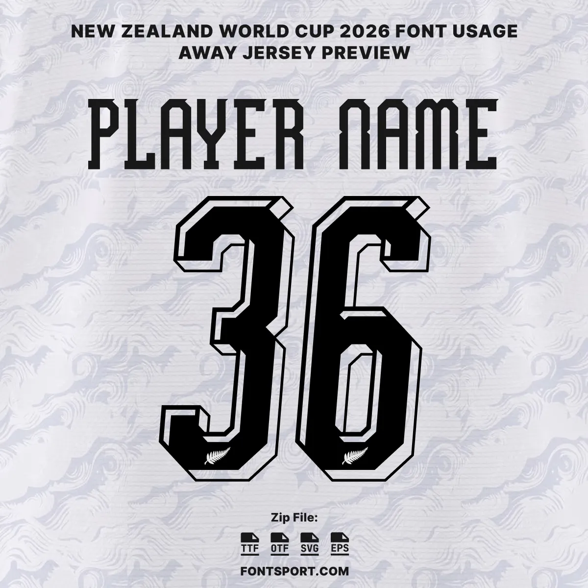 New Zealand 2026 World Cup away font kit – player name and number mockup showing away jersey lettering