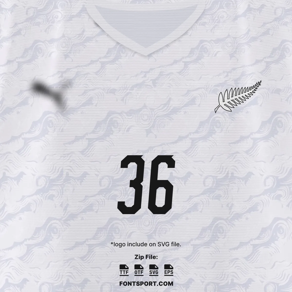 New Zealand 2026 World Cup away font kit – solid number style preview on away shirt back with fern logo note