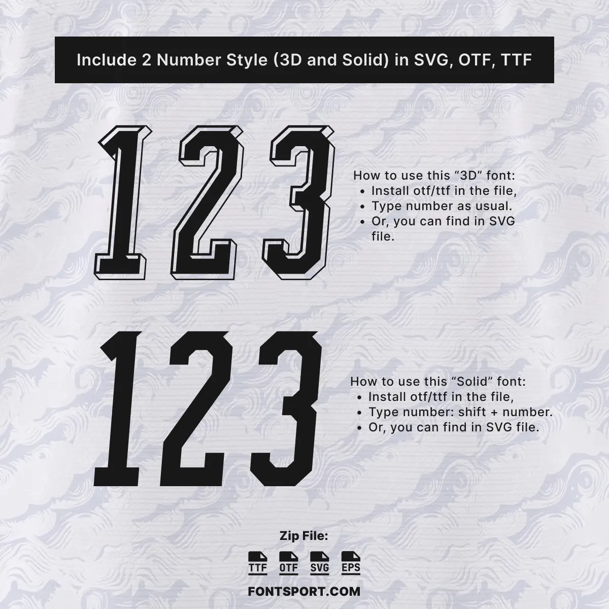 New Zealand 2026 World Cup away font kit – two included number styles shown in 3D and solid format