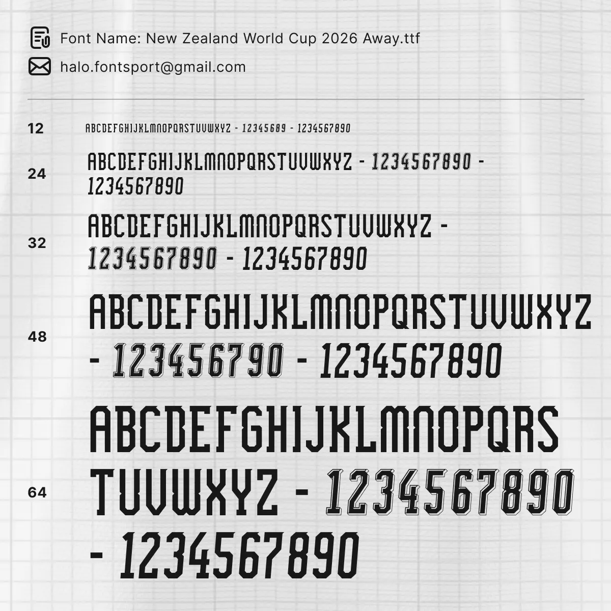 New Zealand 2026 World Cup away font kit – font specimen sheet with letters and numbers at multiple sizes