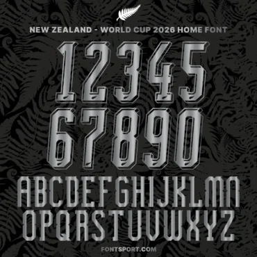 New Zealand 2026 World Cup font kit alphabet and 3D number preview with silver home-style characters