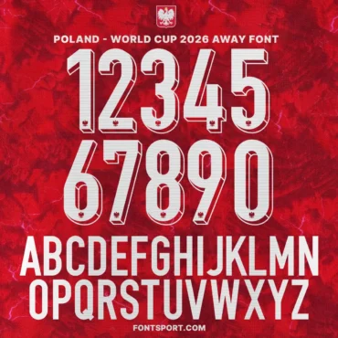 Poland World Cup 2026 away font kit – full number set and alphabet preview on red background