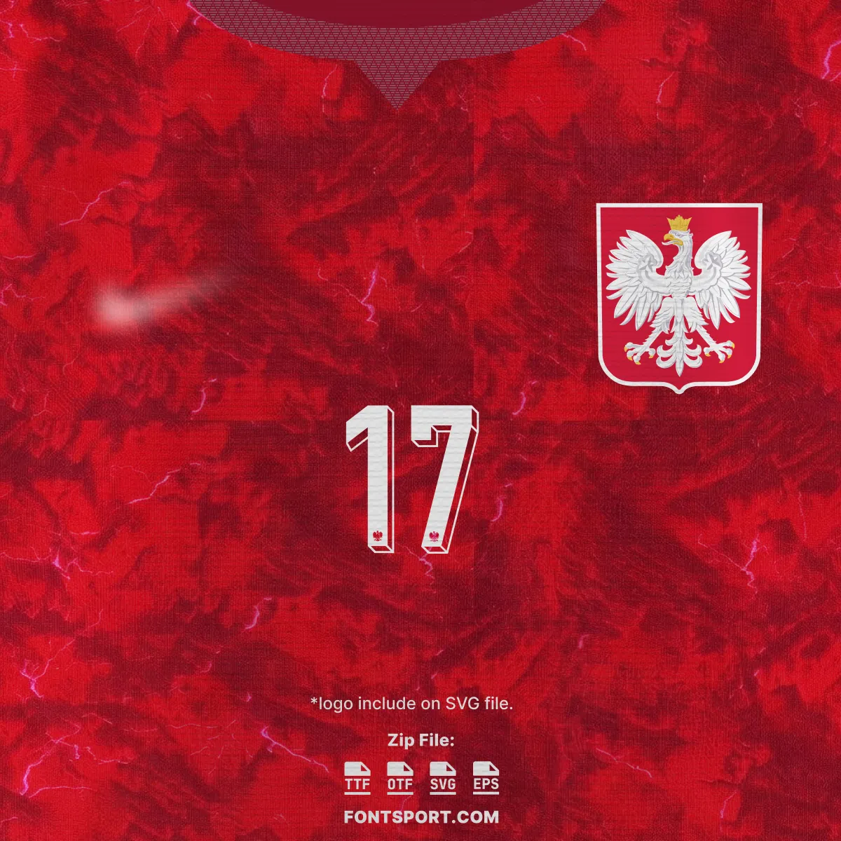 Poland World Cup 2026 away font kit – shirt mockup with small front number and Poland crest
