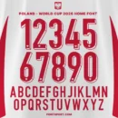 Poland 2026 world cup font kit – full alphabet and number set preview on white home shirt background