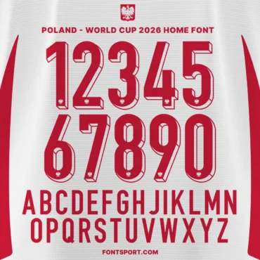 Poland 2026 world cup font kit – full alphabet and number set preview on white home shirt background