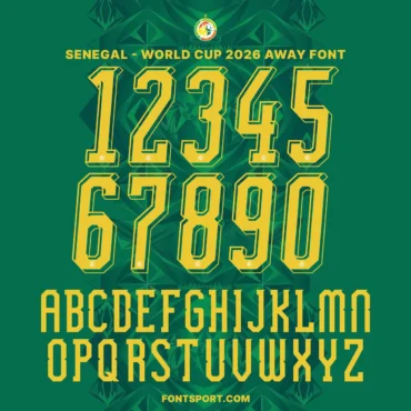 Senegal 2026 away font kit – full alphabet and number set preview in yellow on green