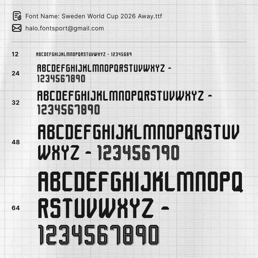 Sweden World Cup 2026 Away font specimen sheet and point size guide