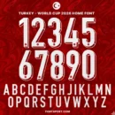 Turkey World Cup 2026 home font kit alphabet and number set preview in white on red background