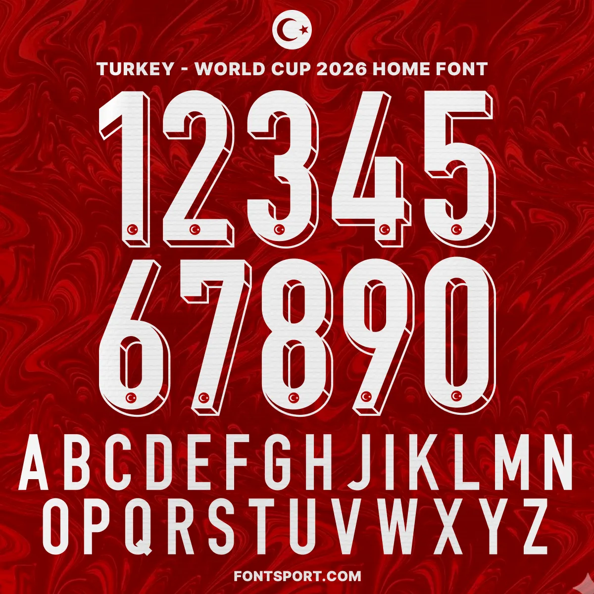 Turkey World Cup 2026 home font kit alphabet and number set preview in white on red background