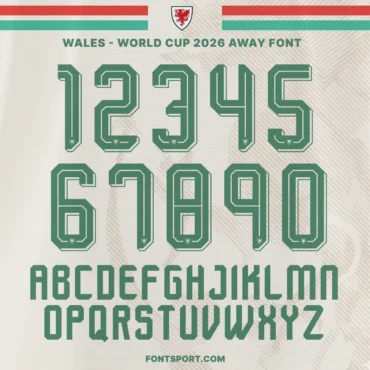 Wales World Cup 2026 away font kit – full number set and alphabet preview in green away jersey style